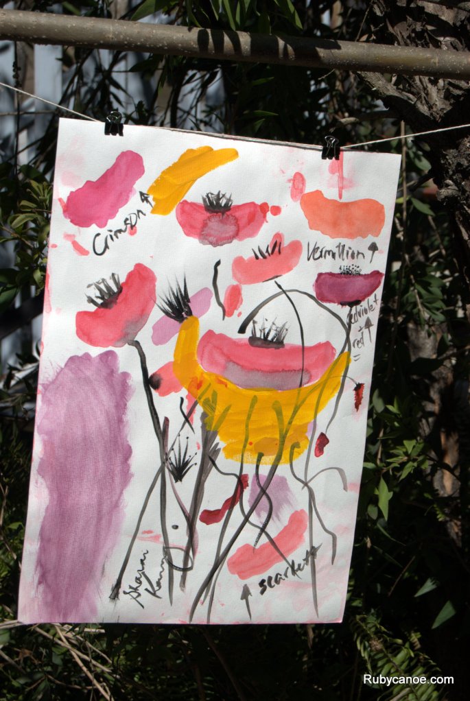 Testing paint mixes for the poppies. It's a mess but I think I'll keep it, I just like the different colours.